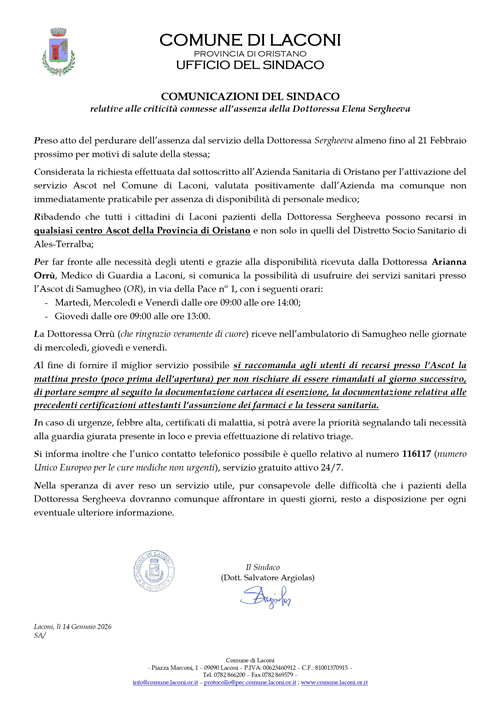 NUOVE COMUNICAZIONI DEL SINDACO - Problematica connessa all'assenza del Medico di Famiglia Dott.ssa Elena Sergheeva