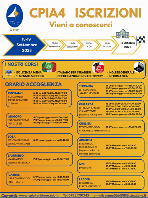 CPIA 4 Oristano - Centro Provinciale Istruzione per gli Adulti - Avviso iscrizioni A.S. 2025-2026