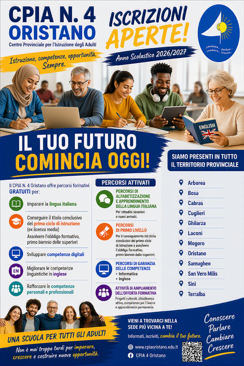 CPIA 4 Oristano - Centro Provinciale Istruzione per gli Adulti - Avviso iscrizioni A.S. 2026-2027