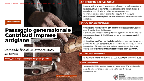 Contributi alle imprese artigiane coinvolte nel passaggio generazionale
L.R. 18 settembre 2024, n. 13.
