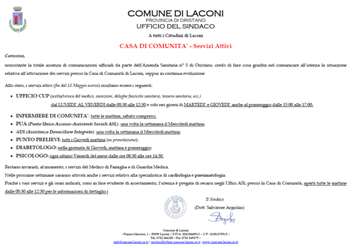 Comunicazione del Sindaco